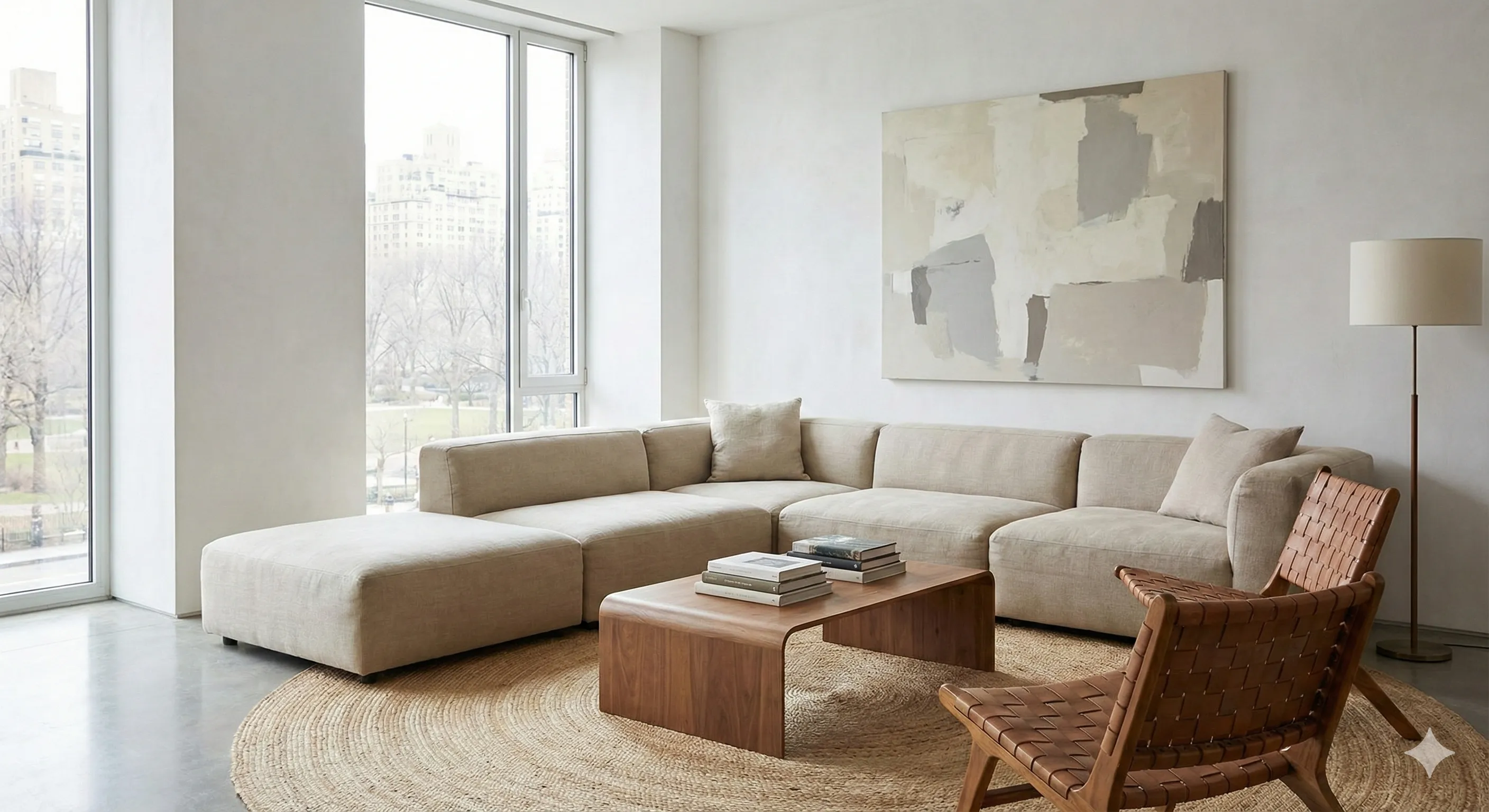 Contemporary living room design with modern furniture and neutral color palette