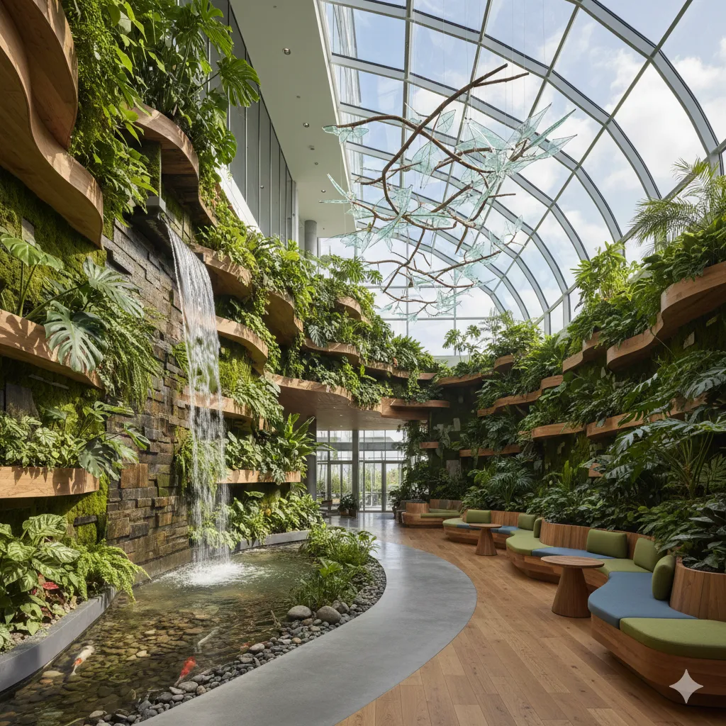 Biophilic design incorporating natural elements and greenery