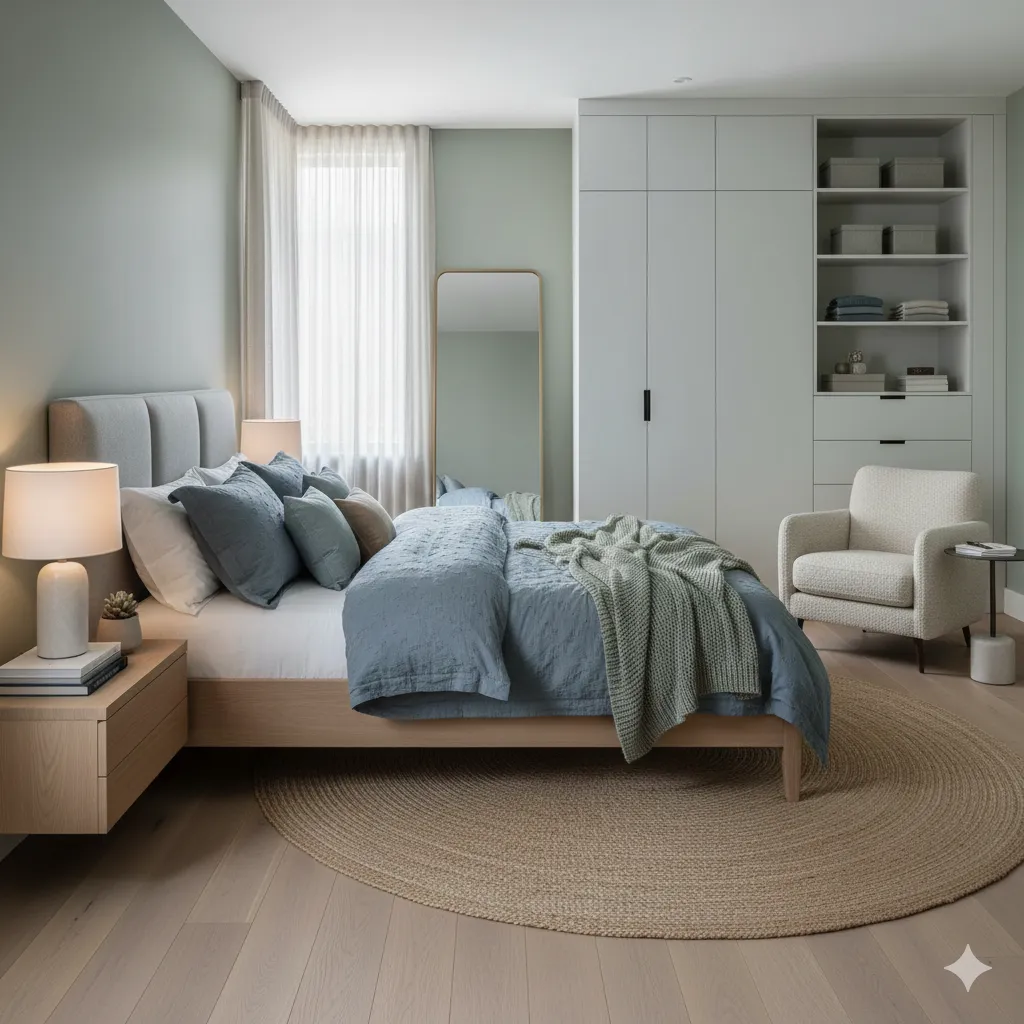 Bedroom design featuring calming colors and organized storage